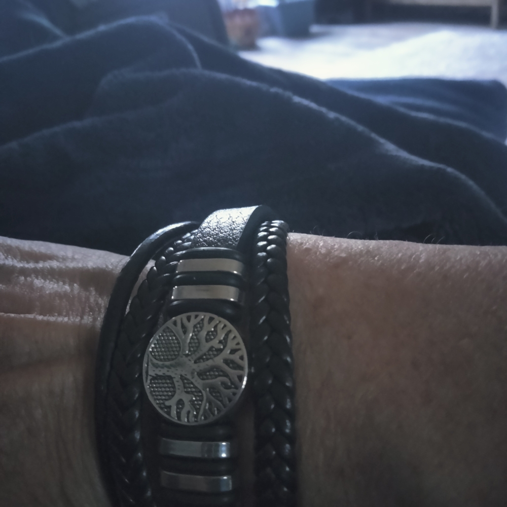 Black Leather Bracelet with Silver Tree Charm
